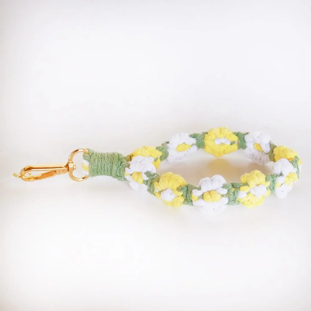 Daisy Macrame Wristlet Keychain and Cell Phone Accessory